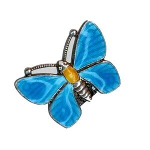 Vintage Sterling Silver & Blue Guilloche Enamel Butterfly Pin